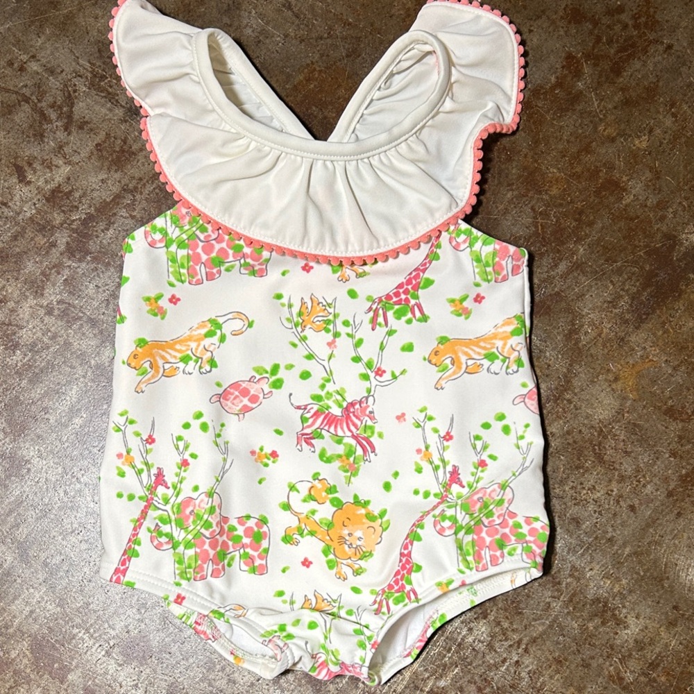 Janie and Jack White Ruffle One-Piece Swimsuit with Pink & Green Safari Print